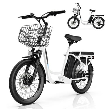 SANOPY 350W Electric Scooter with Seat, Up to 18 Miles Range 20 Mph, 20*1.95" Tires Step Thru Electric Bike，48V 5.2Ah Removable Battery, Rear Brushless High Speed Motor, White