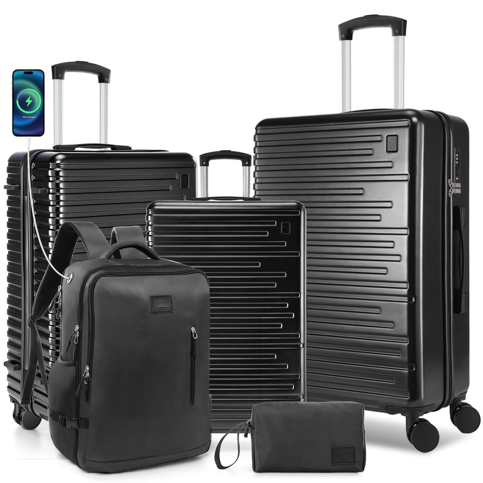 SANOPY 5 Piece Luggage Sets, ABS+PC Carry on Luggage with Backpack, Lightweight Suitcase Set Spinner Wheel TSA Lock, Black