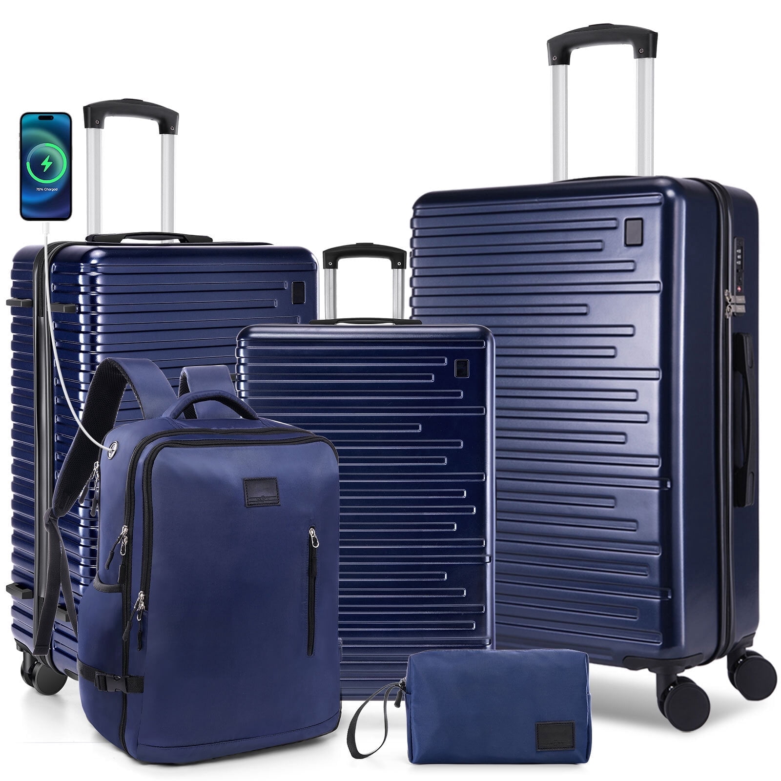 SANOPY 5 Piece Luggage Sets, ABS+PC Carry on Luggage with Backpack, Lightweight Suitcase Set Spinner Wheel TSA Lock, Deep Blue