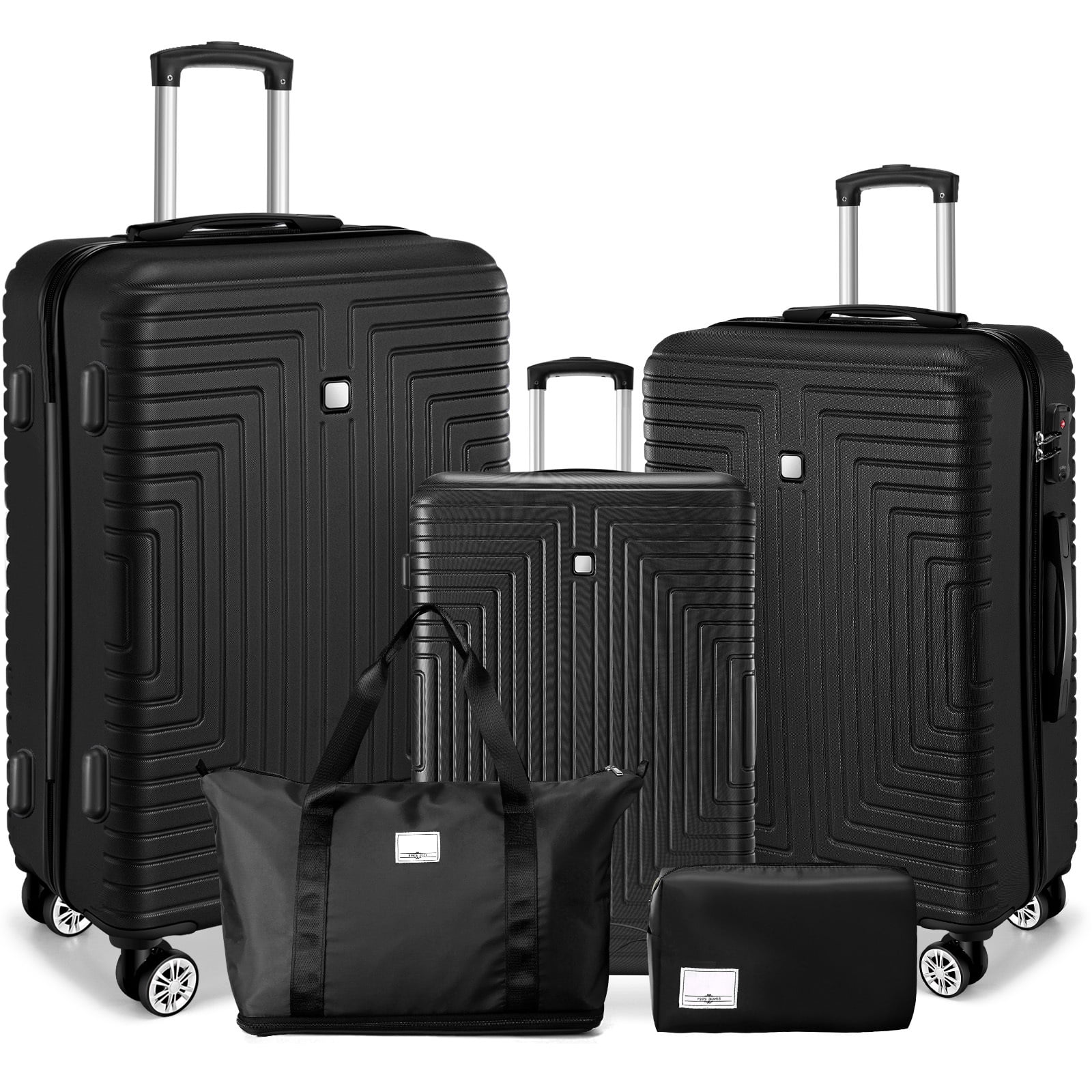 SANOPY 5 Piece Luggage Set(20/24/28) , Hardside Lightweight ABS+PC Suitcase Set with Expandable Duffel Bag + Toiletry Bag, Spinner Wheels and TSA Lock, Black