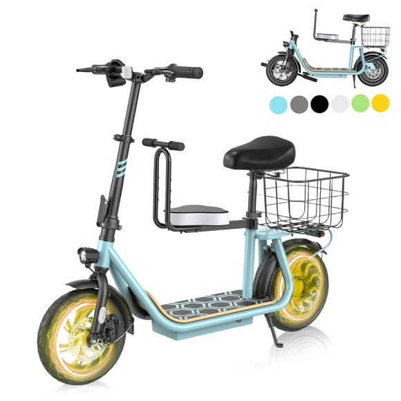SANOPY 500W Electric Scooter with Seat for Adults, Second Seat for Kids, 20 Miles Max Range, 20 MPH Top Speed, 48V 7.8Ah, 12" Tires Foldable E-Bike for Commuting with Carry Basket, Blue
