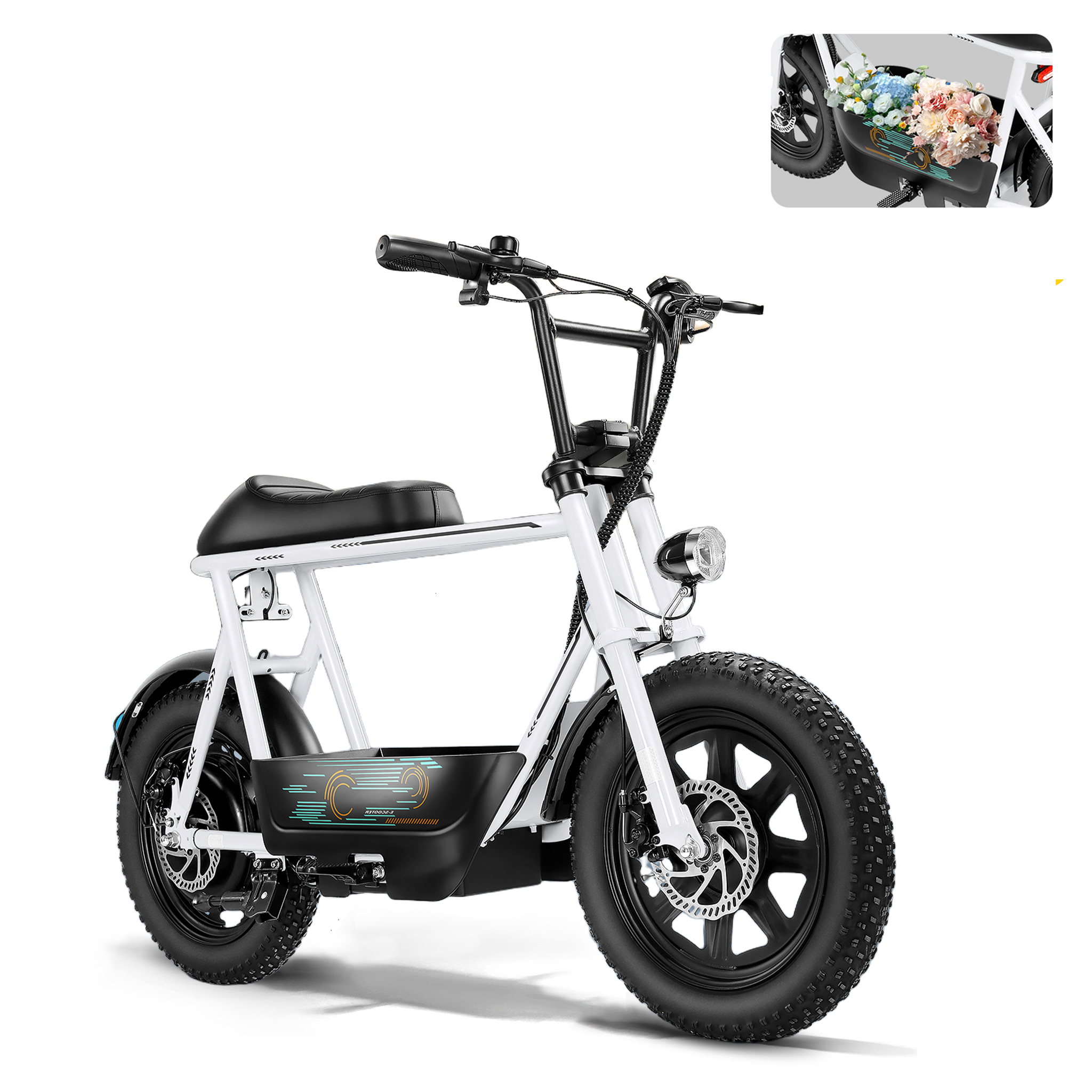 SANOPY 500W Electric Scooter with Seat for Adults & Teens, 20 Miles Max Range, 20 MPH Top Speed, 16" Fat Tire for All-Terrain, Motorcycle Style E-Bike for Commuting with Carry Basket, White