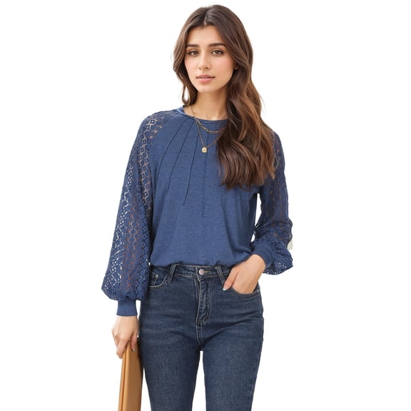 SANOPY Business Casual Tunic Tops for Women Spring Fall Crewneck Sexy Lace Patchwork Long Sleeve Shirts