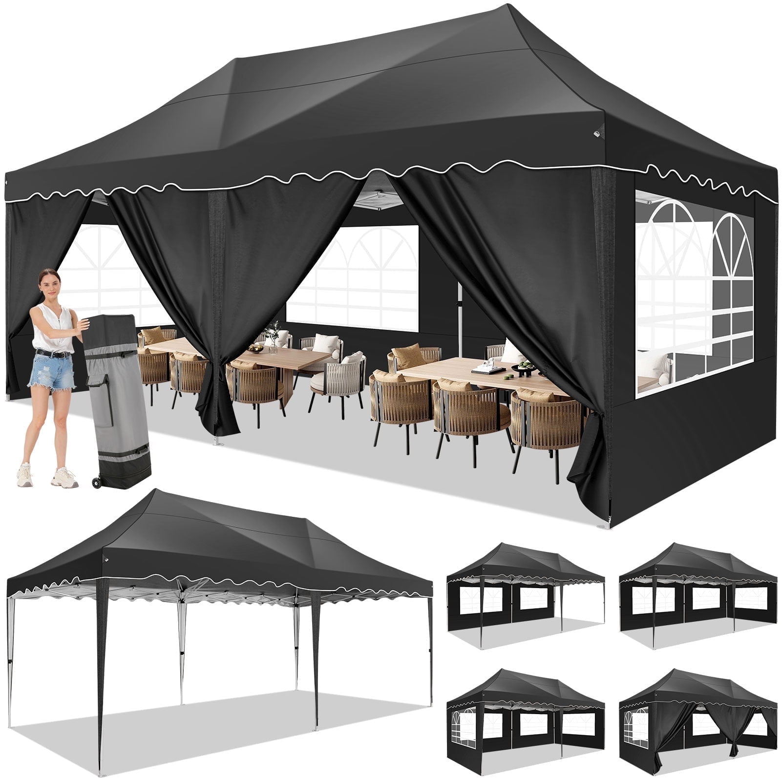 SANOPY 10' x 20' Pop up Canopy Party Tent with 6 Removable Sidewalls, Wave Eave Outdoor Waterproof Patio Gazebo Tent with Carry Bag, Backyards Camping Picnics, Black