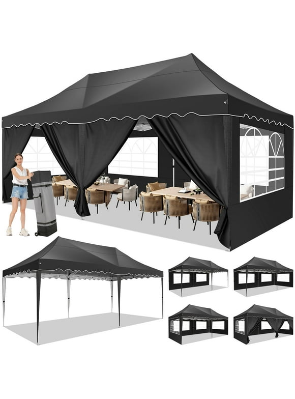 SANOPY Canopy 10' x 20' Pop Up Canopy Tent Heavy Duty Waterproof Adjustable Commercial Instant Canopy Outdoor Party Canopy with 6 Removable Sidewalls, Carry Bag, 4 Sandbags, Black
