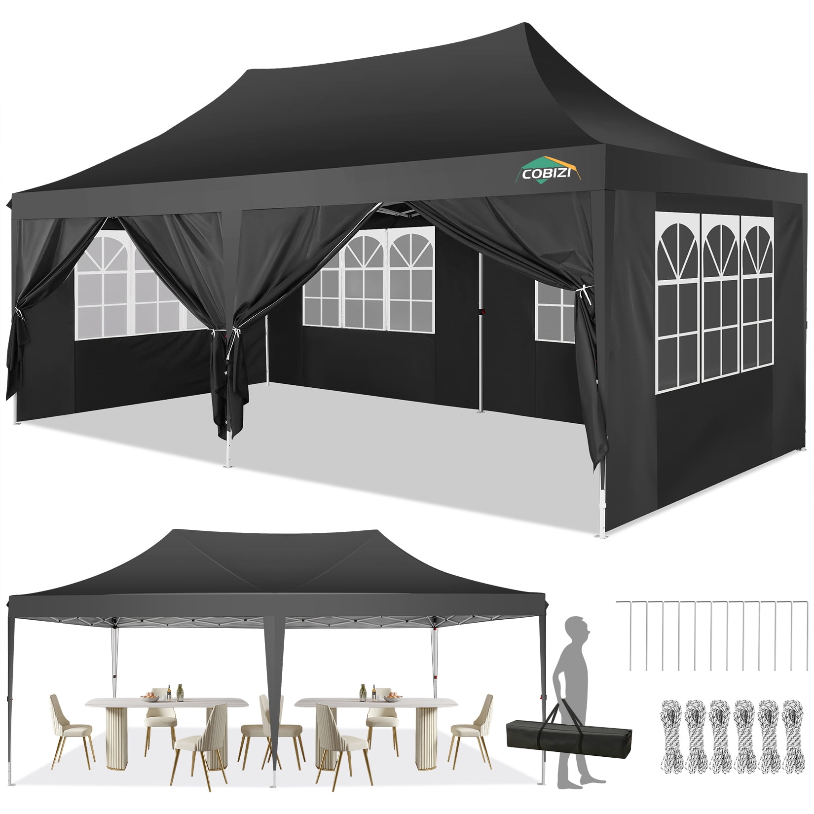 Black 10' x 20' Alloy Steel Outdoor Canopy Tent with Side Walls