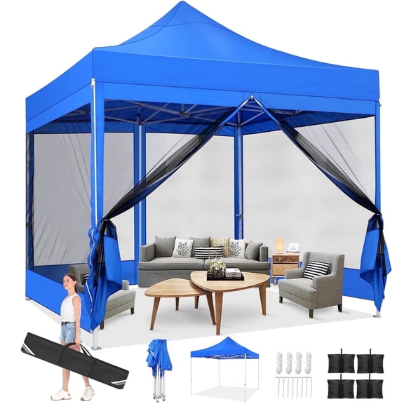 SANOPY 10x10 Heavy Duty Pop up Canopy with 4 Mosquito Net Sidewalls, Easy to Set up Temporary Shelter for Party, Backyard Event, Camping, and Beach Trip with a Handbag, Blue