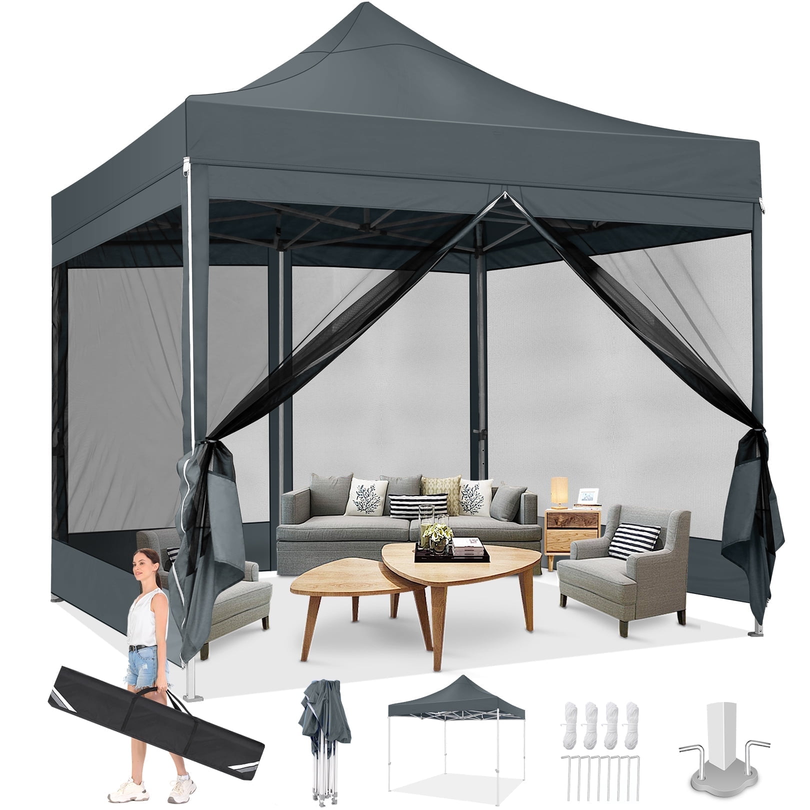 Gray 10x10 Metal Frame Pop-Up Canopy with Mesh Sidewalls