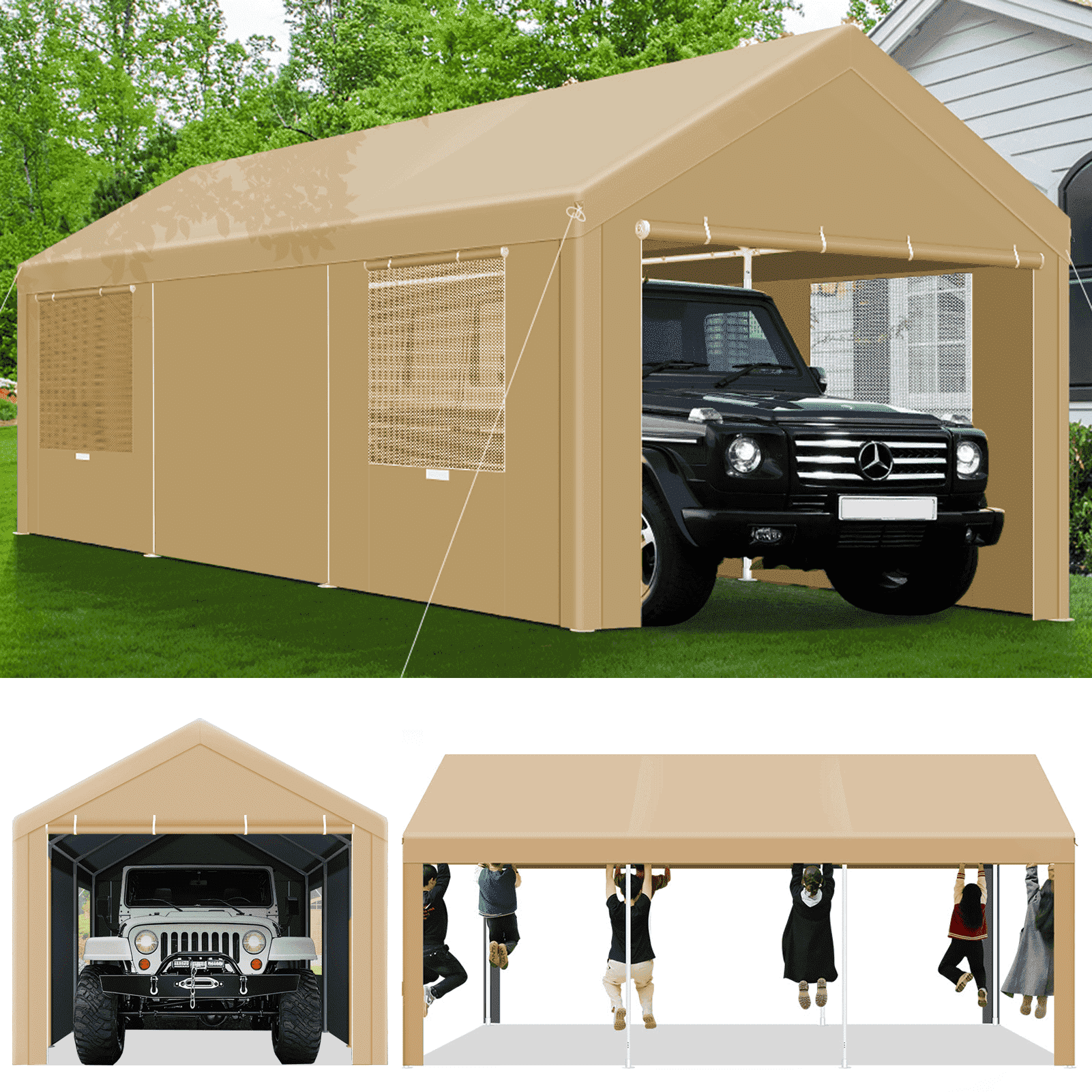 SANOPY 10'x20' Carport Heavy Duty Car Canopy Tent Outdoor Metal Car Tent Garage Shelter Shade Large Carport with 4 Roll-up Ventilated Mesh Windows & 2 Roll-up Sidewalls, Khaki