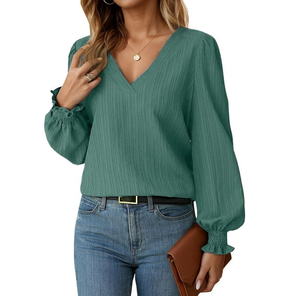 SANOPY Casual Chic V-Neck Blouse for Women – Puff Sleeve Long Sleeve Fashion Shirt