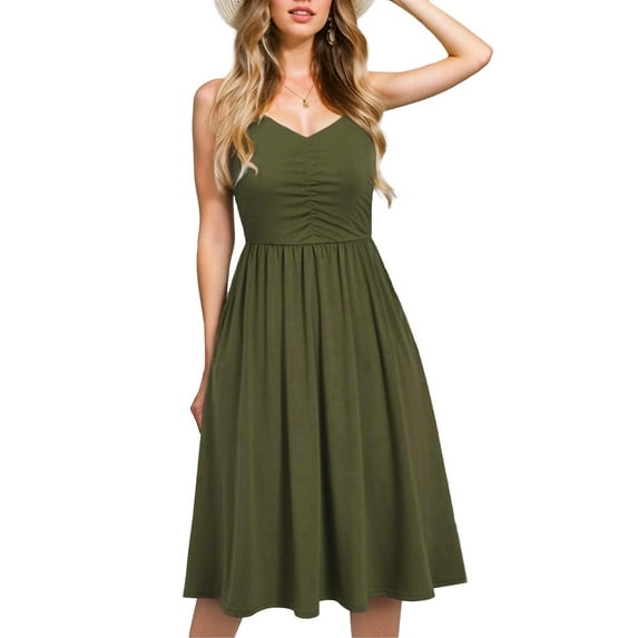 SANOPY Casual Dresses for Women Sleeveless Cotton Summer Beach Dress A Line Spaghetti Strap Sundresses with Pockets Military Green M