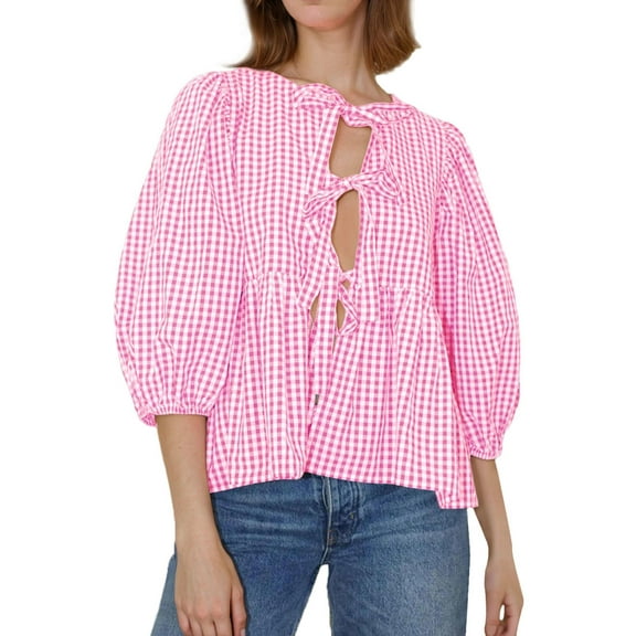SANOPY Casual Playful Gingham Blouse for Women – Tie-Front Puff Sleeve Fashion Shirt