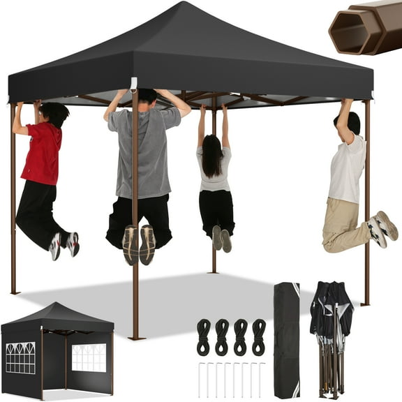 SANOPY Heavy Duty 10'x 10' Pop up Canopy, Instant Commercial Tent for Party with Coffee Upgraded Hexagonal Bracket, Waterproof Outdoor Party Tent 4 Removable Sidewalls, Black