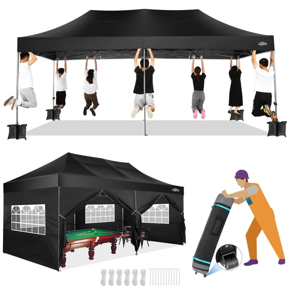 SANOPY Heavy Duty 10'x 20' Pop up Canopy, Thicken EZ Pop-up Canopy Tent Outdoor Portable Canopy for Weddings, Commercial Waterproof and UV 50+ Gazebo with Roller Bag, Black