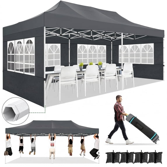 SANOPY Heavy Duty 10'x 20' Pop up Canopy, Thicken EZ Pop-up Canopy Tent Outdoor Portable Canopy for Weddings, Commercial Waterproof and UV 50+ Gazebo with Roller Bag, Gray