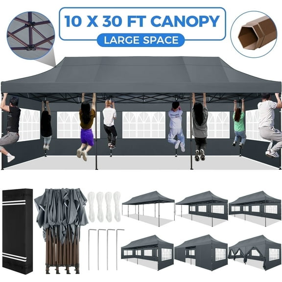 SANOPY Heavy Duty 10'x 30' Pop up Canopy, Commercial Canopy, Waterproof Outdoor Party Tent, Instant Wedding Canopy with 8 Removable Sidewalls, Carrying Bag, 147Ibs, Gray