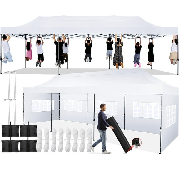 SANOPY Heavy Duty 10'x 30' Pop up Canopy, Commercial Canopy, Waterproof Outdoor Party Tent, Instant Wedding Canopy with 8 Removable Sidewalls, Carrying Bag, 147Ibs, White