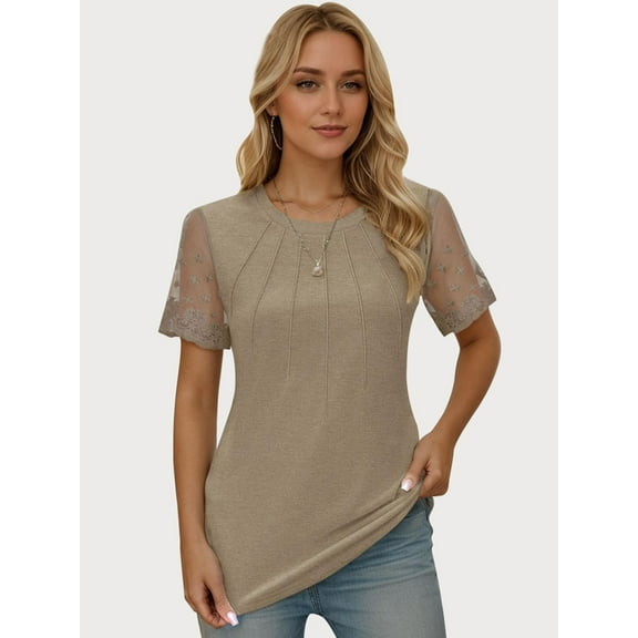 SANOPY Lace-Sleeve Pleated Blouse for Women – Sheer Detail Casual Fashion Top