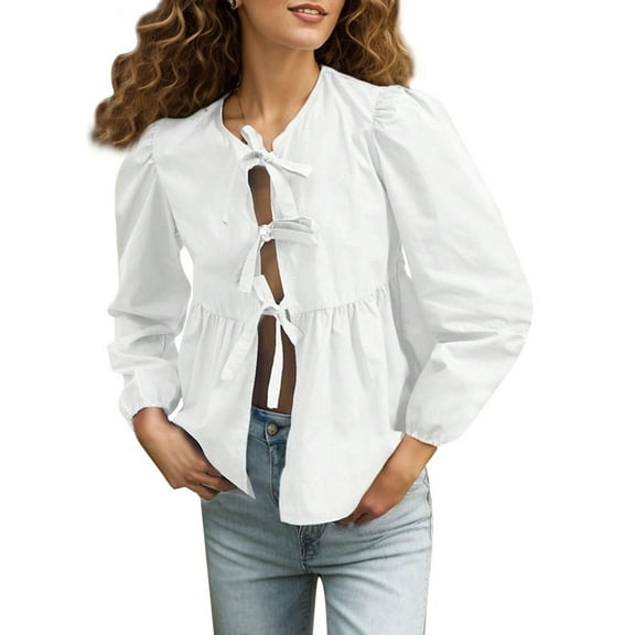 SANOPY Ladies Tie-Front Puff Sleeve Blouse – Peplum Hem Casual Playful Shirt