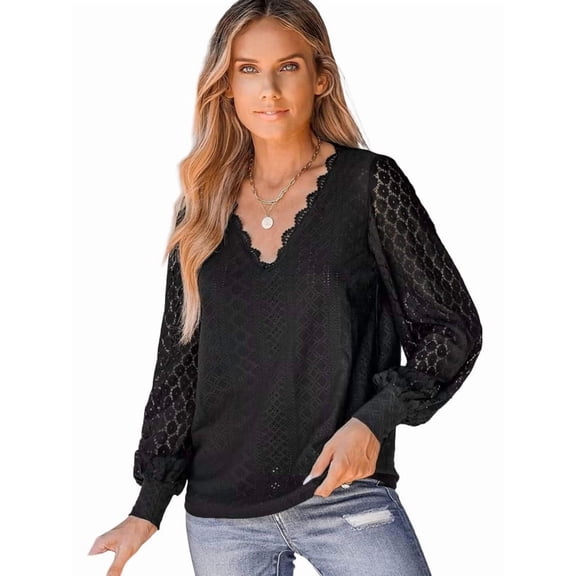 SANOPY Long Sleeve Tops for Women Eyelet Scalloped Lace V Neck Blouse Casual Loose Fashion Shirts