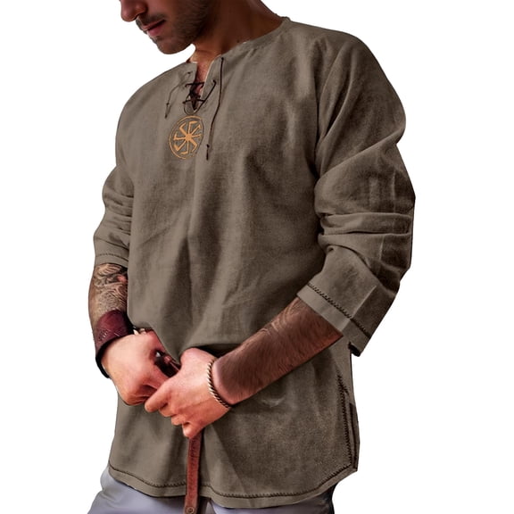 SANOPY Men's Fashion Cotton Linen Shirt Long Sleeve Solid Color Ethnic Beach Yoga Top