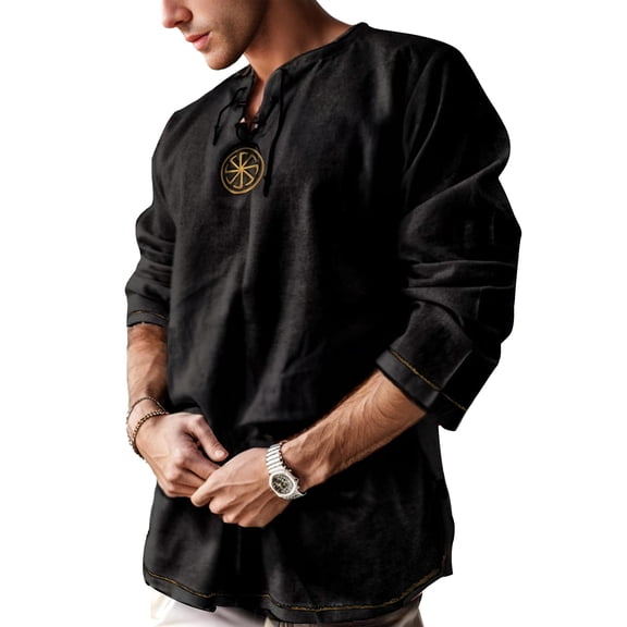 SANOPY Men's Fashion Cotton Linen Shirt Long Sleeve Solid Color Ethnic Beach Yoga Top