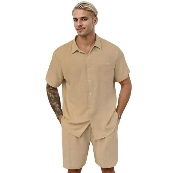 Men's 2 Pieces Cotton Linen Set Short Sleeve Button Down Shirts Summer Beach Shorts Casual Outfits