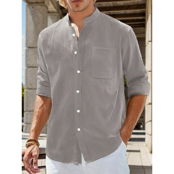 SANOPY Men's Solid Color Stand Collar Long Sleeve Casual Pocket Shirt 100% Rayon-Top