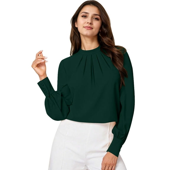 SANOPY Mock Neck Puff Sleeve Blouse for Women – Long Sleeve Pleated Elegant Fashion Top