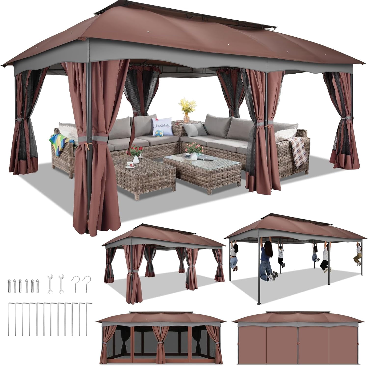 SANOPY Outdoor Gazebo 12X20 Patio Gazebo with Mosquito Netting and Curtains, Canopy Tent Deck