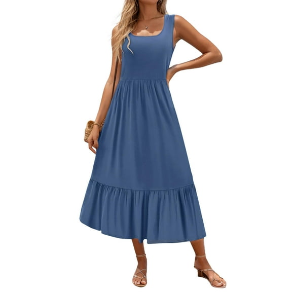SANOPY Summer Sleeveless Long Beach Sundress Square Neck Tank Top Tiered Maxi Dress with Pockets Dark Blue XXL