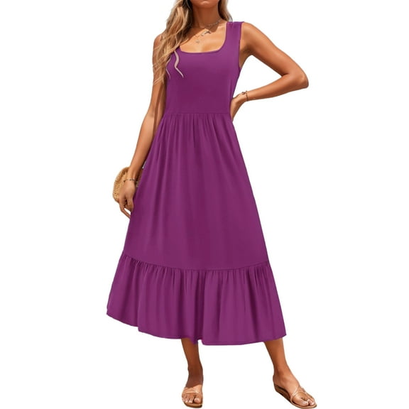 SANOPY Summer Sleeveless Long Beach Sundress Square Neck Tank Top Tiered Maxi Dress with Pockets Purple M