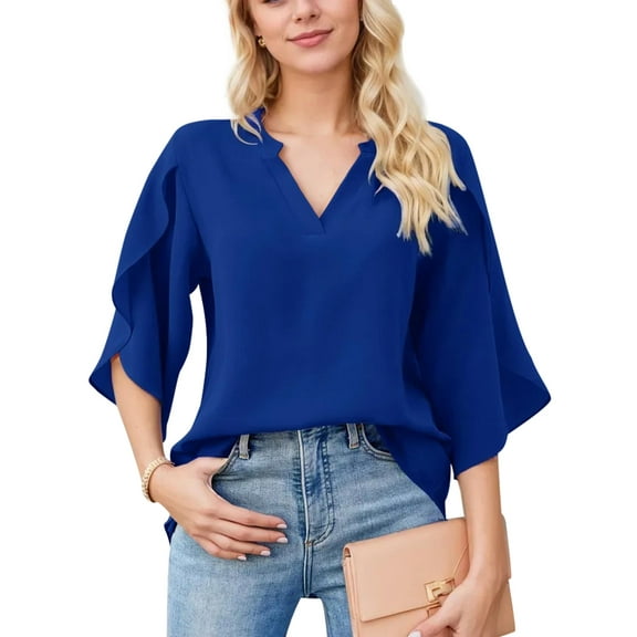 SANOPY V-Neck Ruffle 3/4 Sleeve Blouse for Women – Soft Comfy Casual & Office Everyday Top