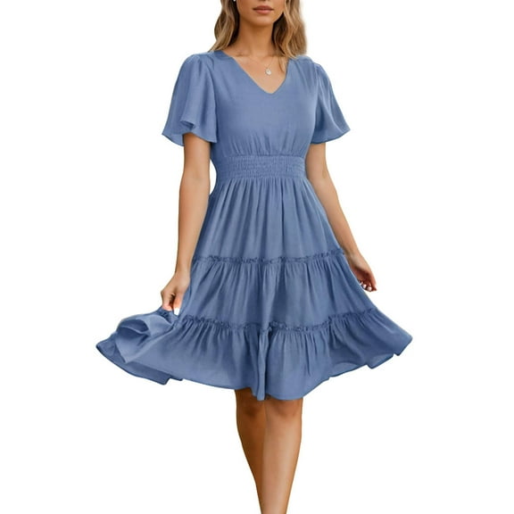 SANOPY Women 2025 Sping Summer Dress V Neck Smocked Waist Casual Flowy A Line Tiered Work Midi Dresses