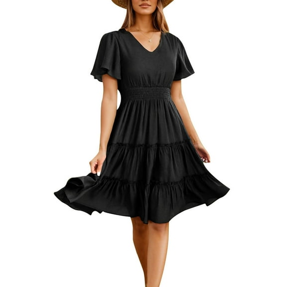 SANOPY Women 2025 Sping Summer Dress V Neck Smocked Waist Casual Flowy A Line Tiered Work Midi Dresses