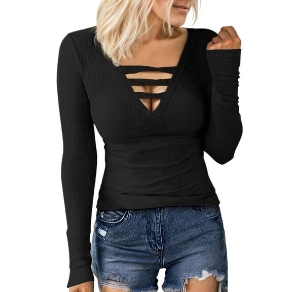 SANOPY Women Casual Long Sleeve Tunic Tops V-Neck T Shirts Criss Cross Ribbed Casual Tee Slim Fitted Fall Blouse