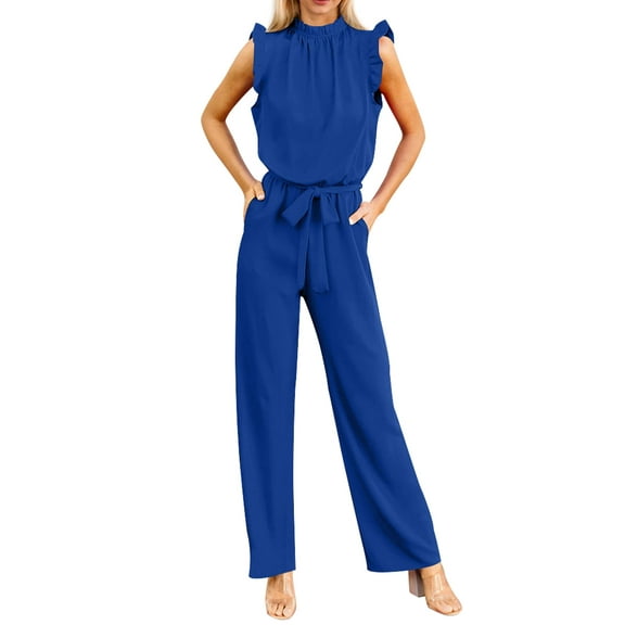 SANOPY Women Chic Jumpsuits Business Crew Neck Ruffle Cap Sleeve High Waist Belted Wide Leg Romper with Pockets One Piece