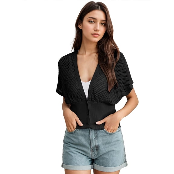 SANOPY Women Short Sleeve Crochet Cardigan Summer Draped V-Neck Bolero Shrug Sweater