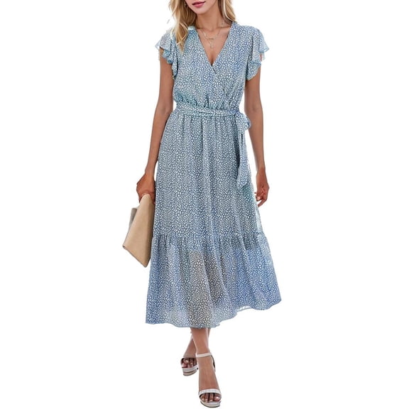 SANOPY Women Short Sleeve V Neck Floral High Low Flowy Midi Summer Party Long Maxi Dress Blue XXL