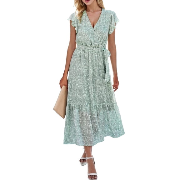 SANOPY Women Short Sleeve V Neck Floral High Low Flowy Midi Summer Party Long Maxi Dress Green M