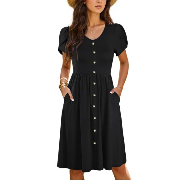 SANOPY Women Summer Casual Short Sleeve V Neck Dresses Button Down Sundress Beach Vacation with Pockets Travel Outfits Black XXL