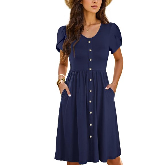 SANOPY Women Summer Casual Short Sleeve V Neck Dresses Button Down Sundress Beach Vacation with Pockets Travel Outfits Navy Blue L