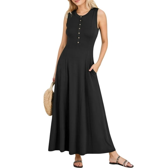SANOPY Women Summer Casual Sleeveless Maxi Sundress Button Fit & Flare A-Line Flowy Long Dresses 2025 Beach Outfits