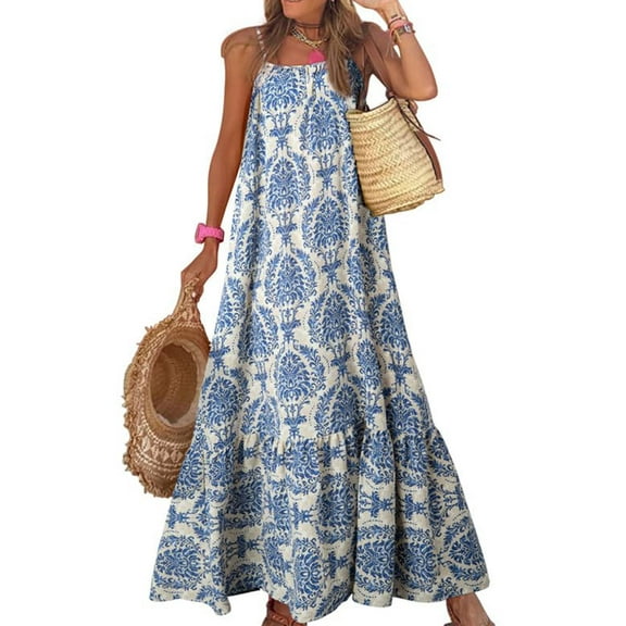 SANOPY Women Summer Dresses Spaghetti Strap Scoop Neck Smocked Ruffle Flowy Boho Maxi Dress Blue M