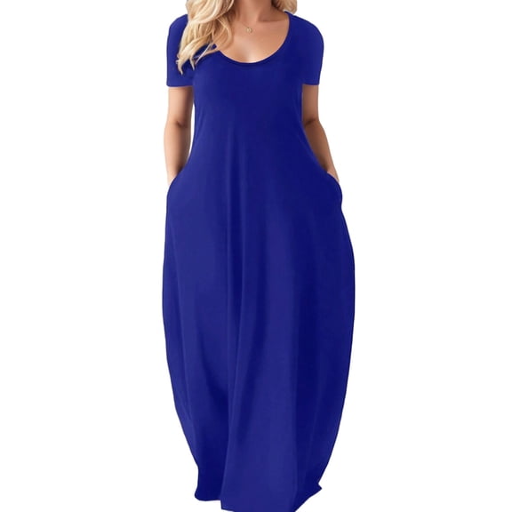 SANOPY Women Summer Long Sundress Crewneck Short Sleeve Maxi Dress Casual Loose Beach Dress with Pockets Blue M