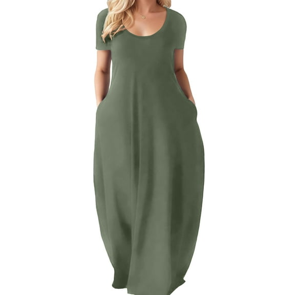 SANOPY Women Summer Long Sundress Crewneck Short Sleeve Maxi Dress Casual Loose Beach Dress with Pockets Olive Green XL