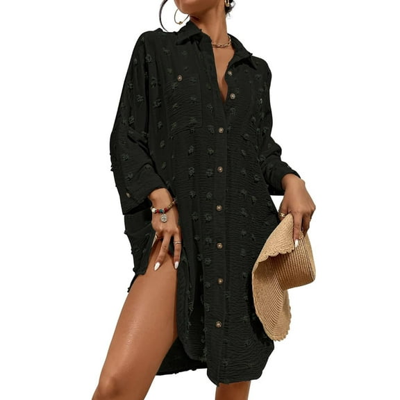 SANOPY Women Swimsuit Coverup Blouse Button Down Shirt Dresses Swiss Dot Tops
