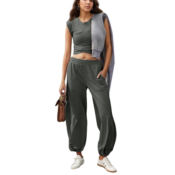 SANOPY Women's 2 Piece Outfit: Sleeveless Crop Top and Baggy Sweatpants Set for Casual, Lounge, Sport