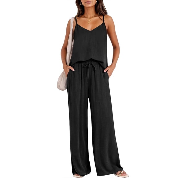 SANOPY Women's 2 Piece Outfit: Spaghetti Strap Cami Top and Wide Leg Pants Set for Casual