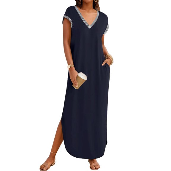 SANOPY Women's 2025 Spring Summer Maxi Dress Casual V Neck Split Beach Vacation Loose Long Dresses